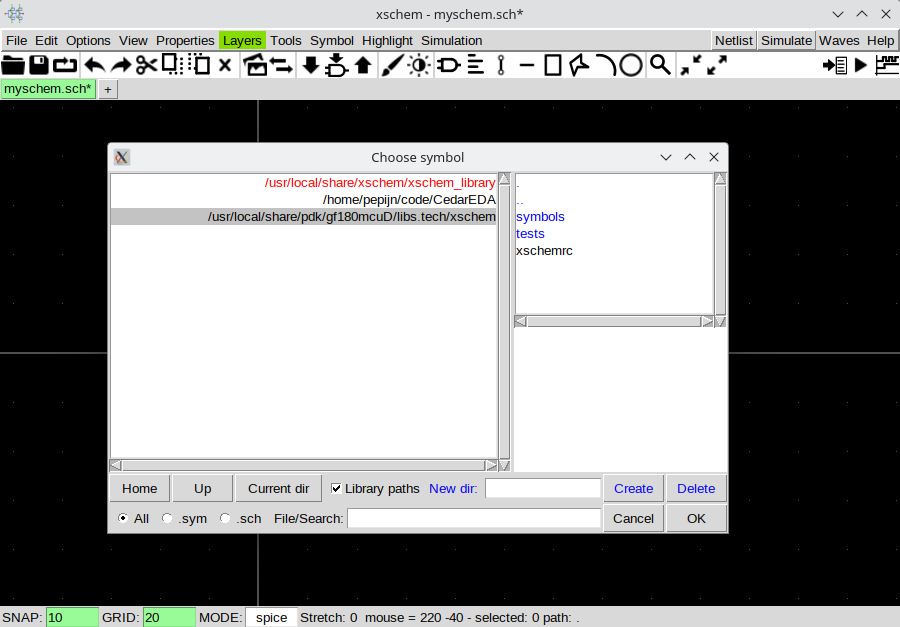 Screenshot of xschem insert window