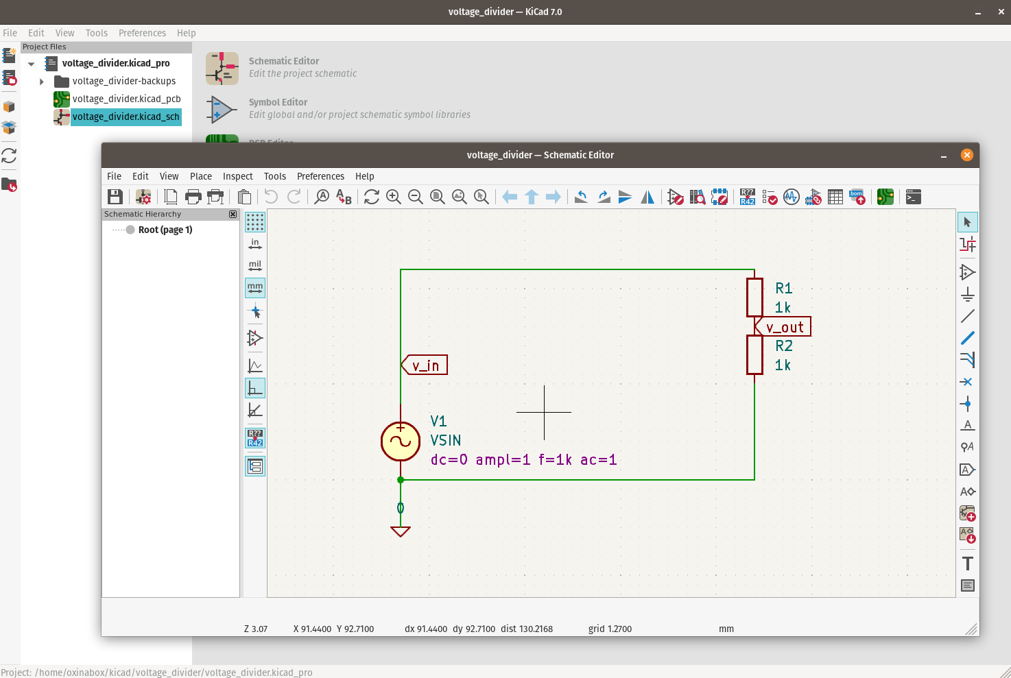 Screenshot of schematic for a voltage divider displayed in the KiCAD editor