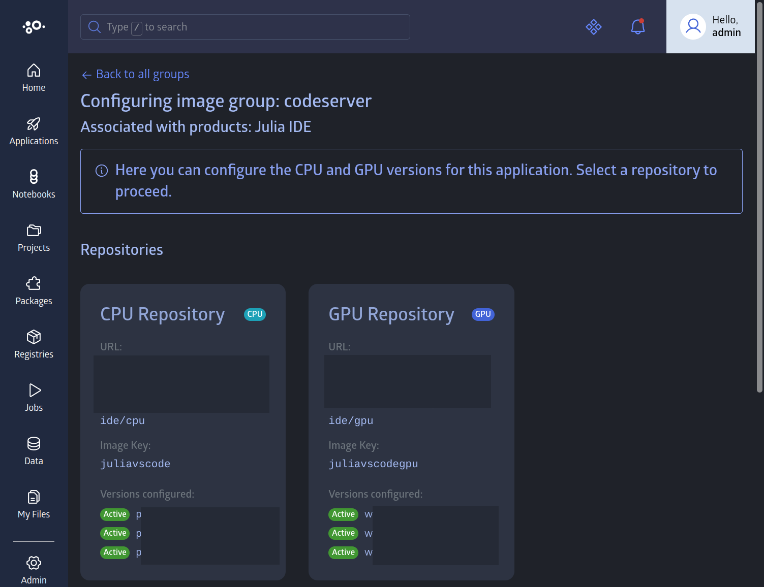 Image Group View page showing repository tiles for CPU and GPU