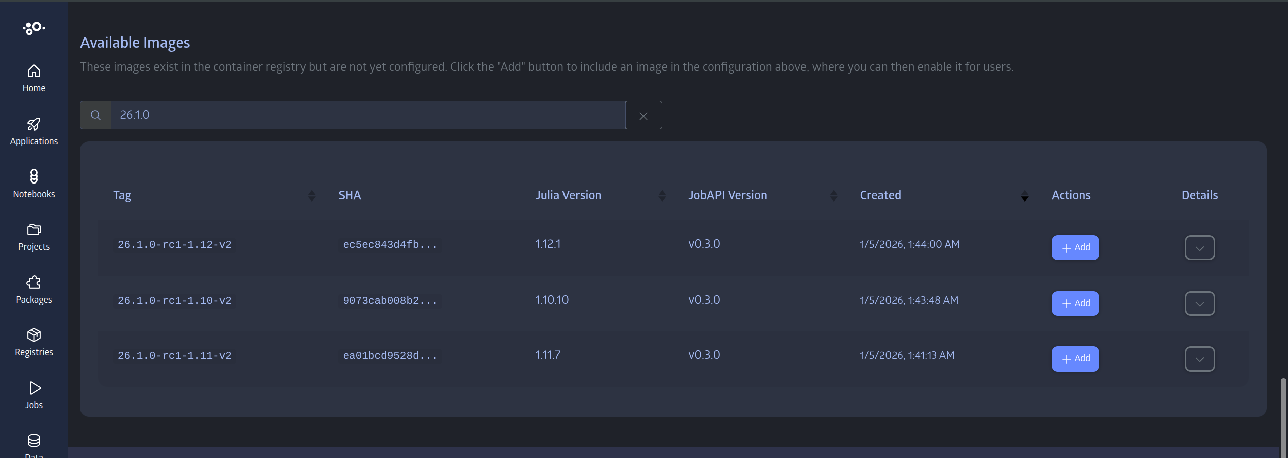 "Available Images" section showing the search bar and table