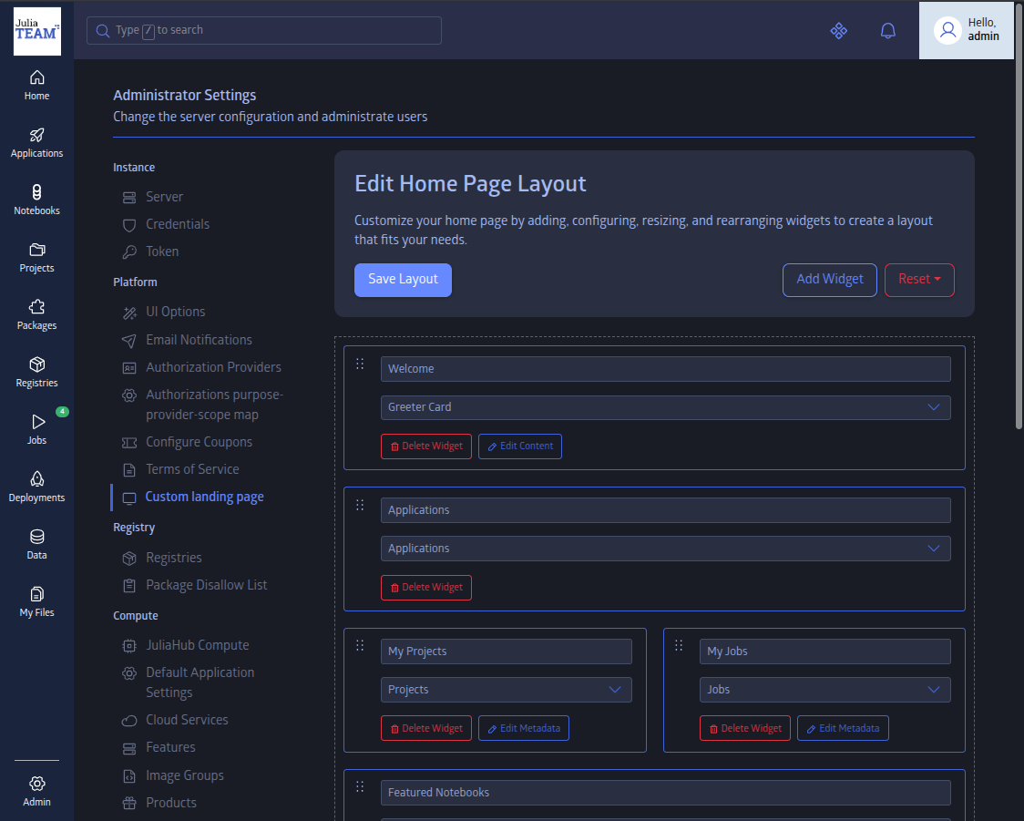 Custom landing page tab under Admin Settings