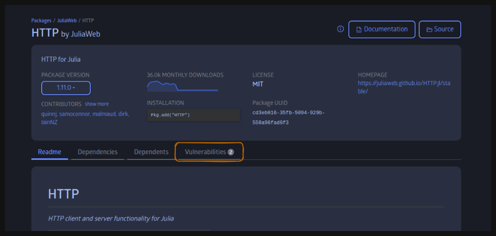 Vulnerabilities tab with badge indicating the count
