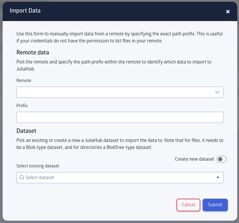 Custom data transfer modal