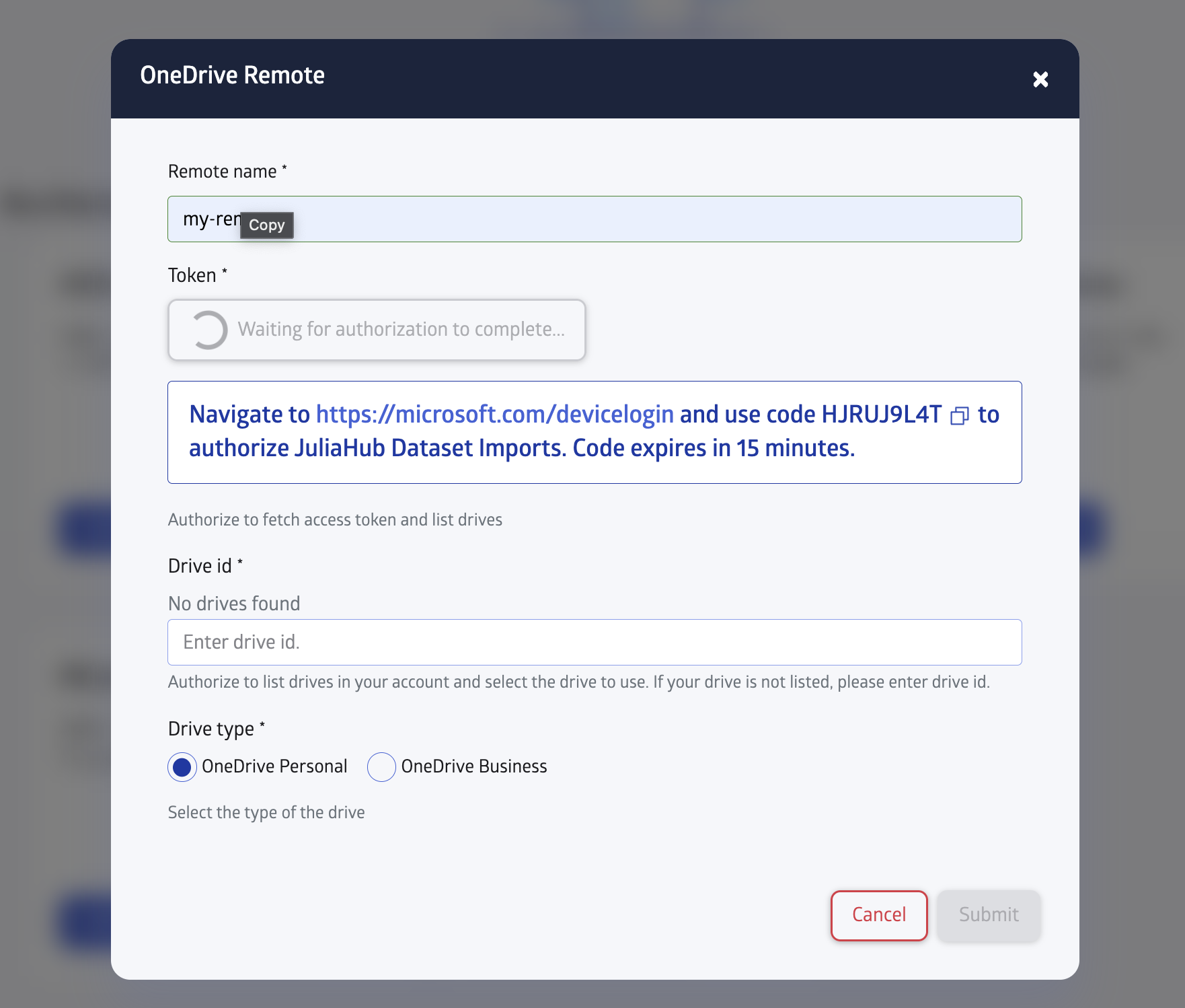 Microsoft OneDrive authorization