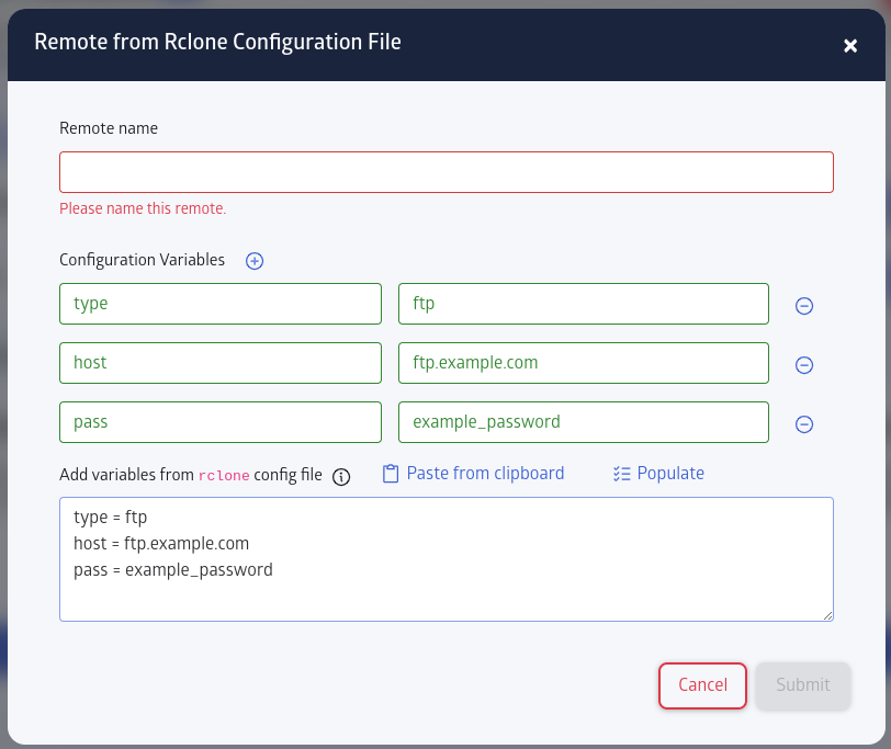 Modal to configure rclone-supported provider via config file