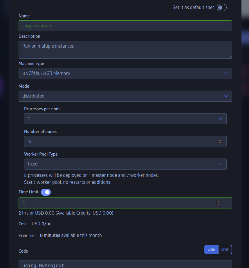 Add new project batch job specification dialog