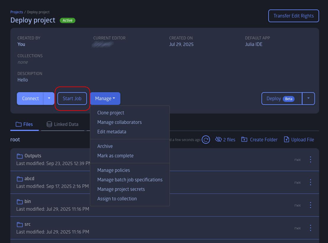 Create Job in Project Details