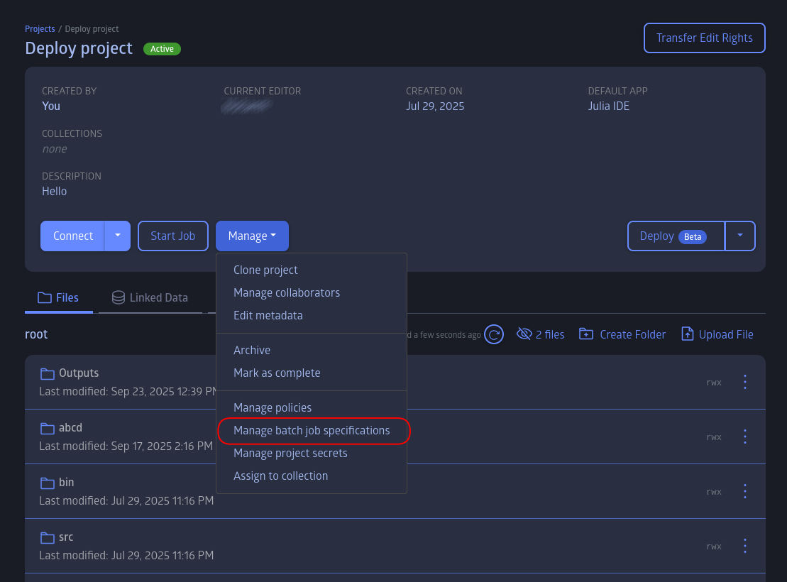 Manage project batch job specifications drop down item