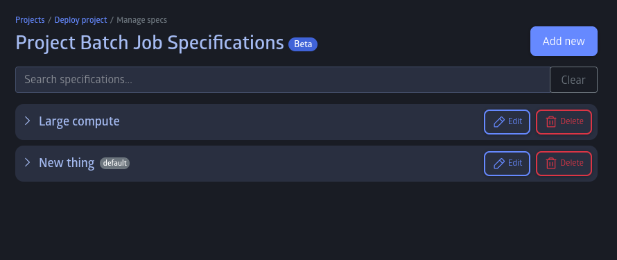 Project batch job specifications page