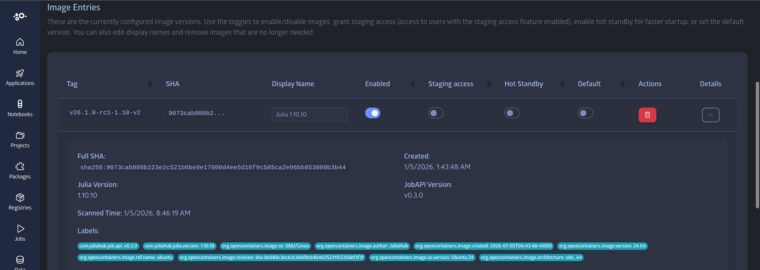 Expanded row details showing full SHA, created date, Julia version, JobAPI version, and labels