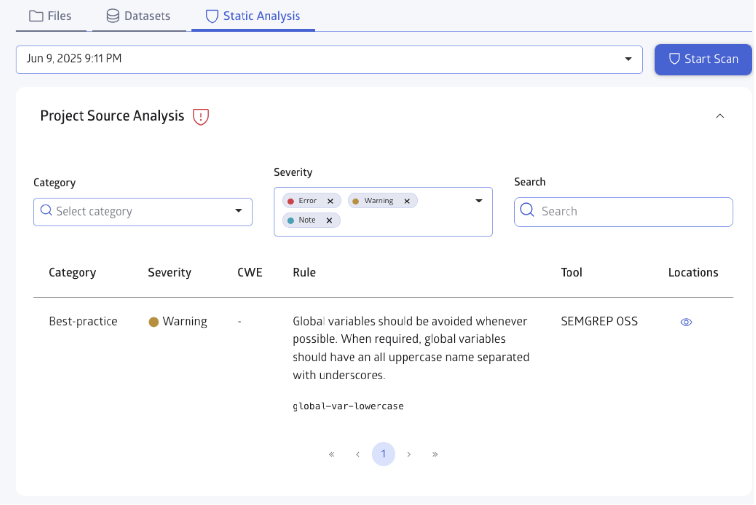 Scan results showing a warning