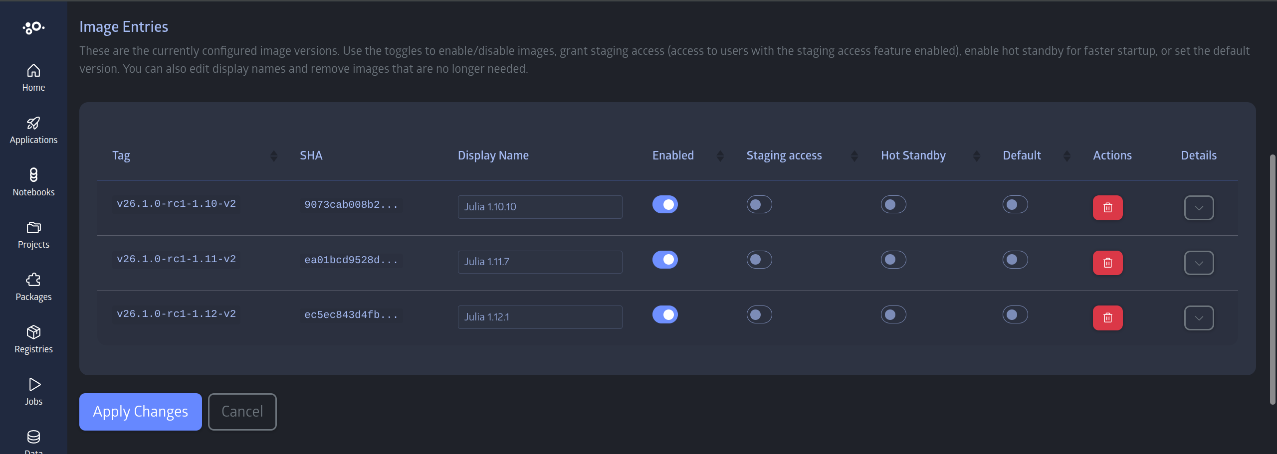 Image Entries table showing multiple image versions with all columns visible