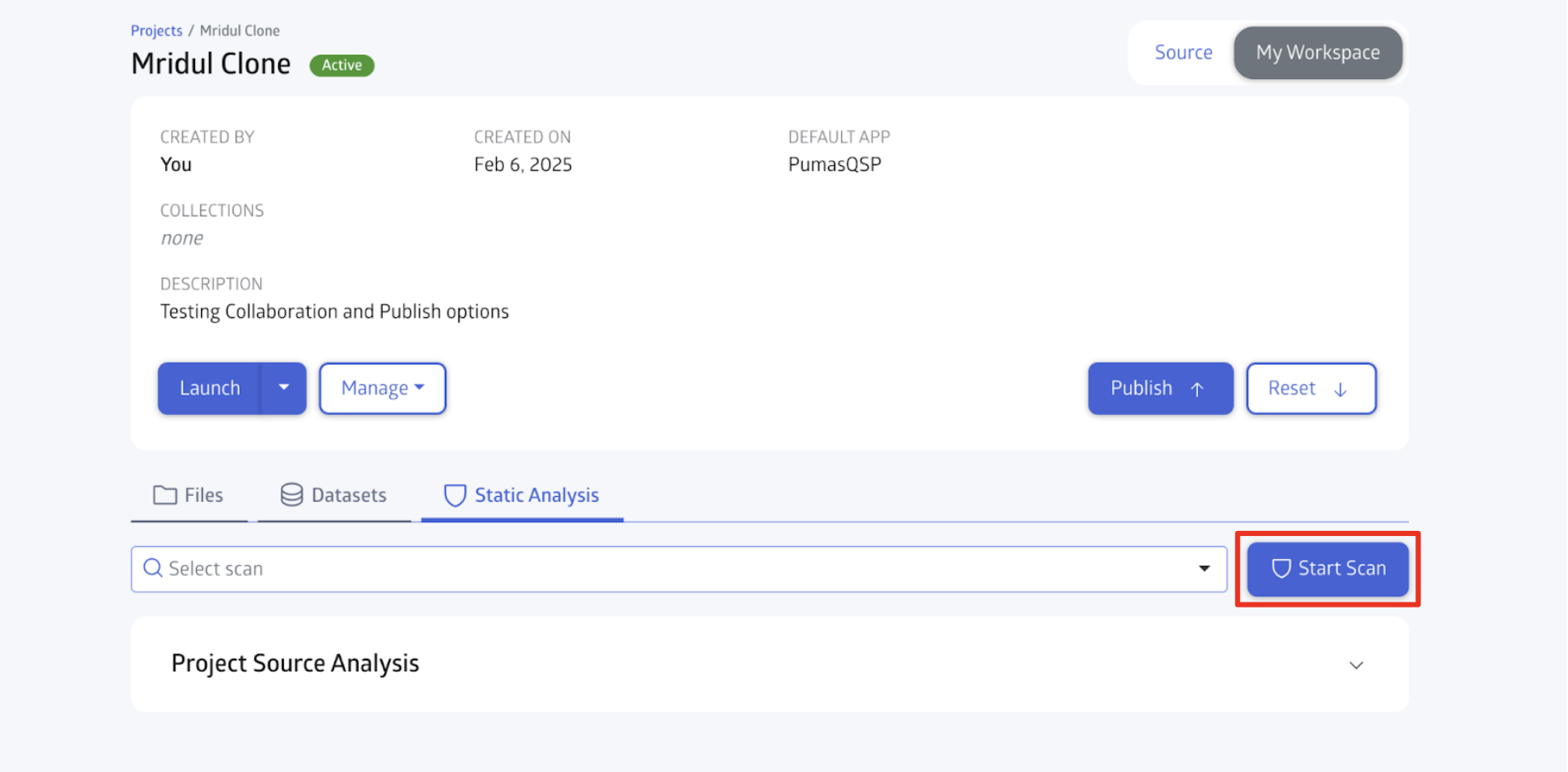 Starting a scan from the project page