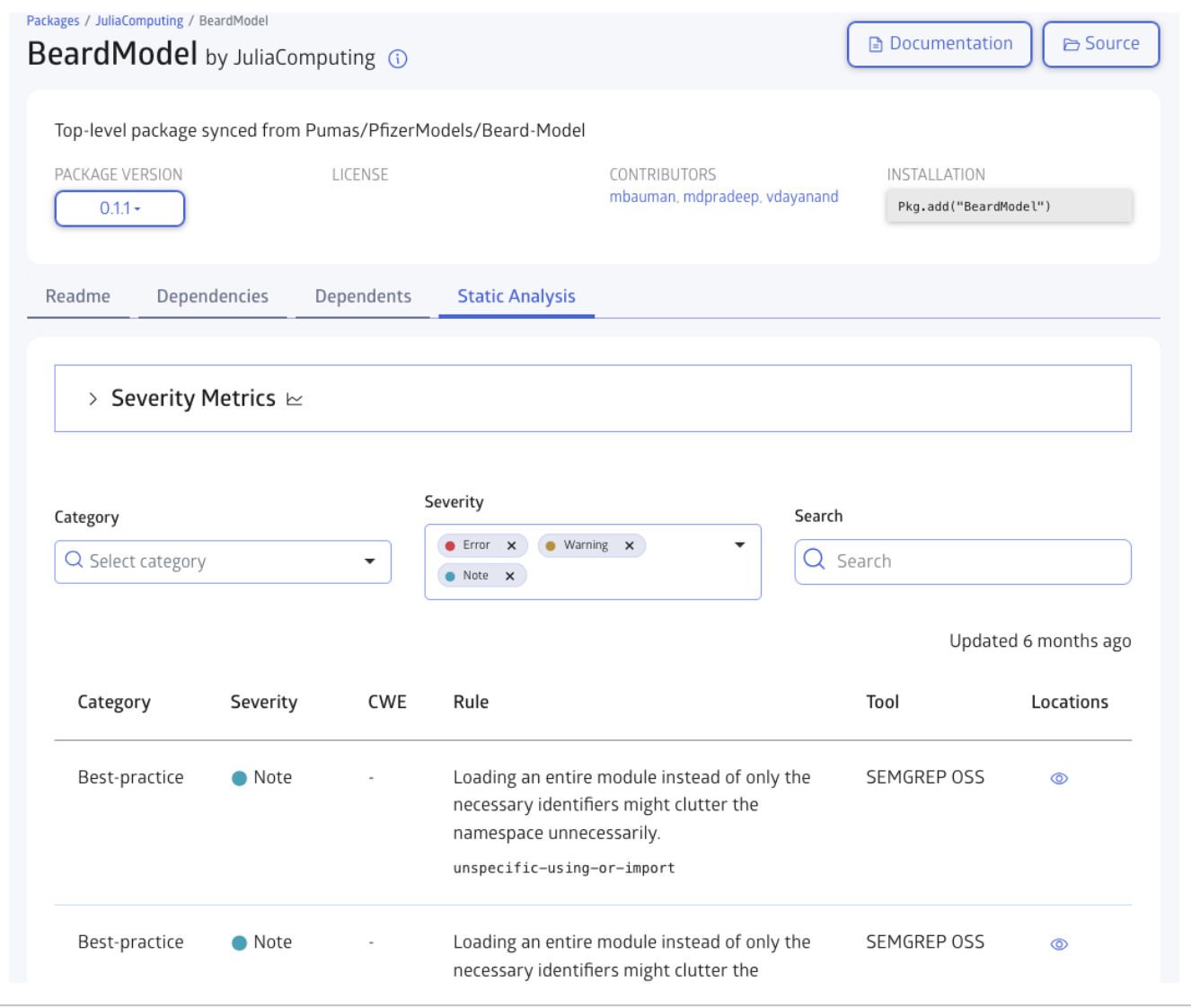 Viewing scan results for a package in a registry