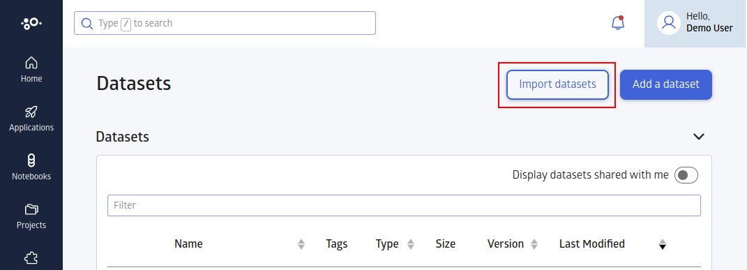 Import Datasets button on the Datasets page