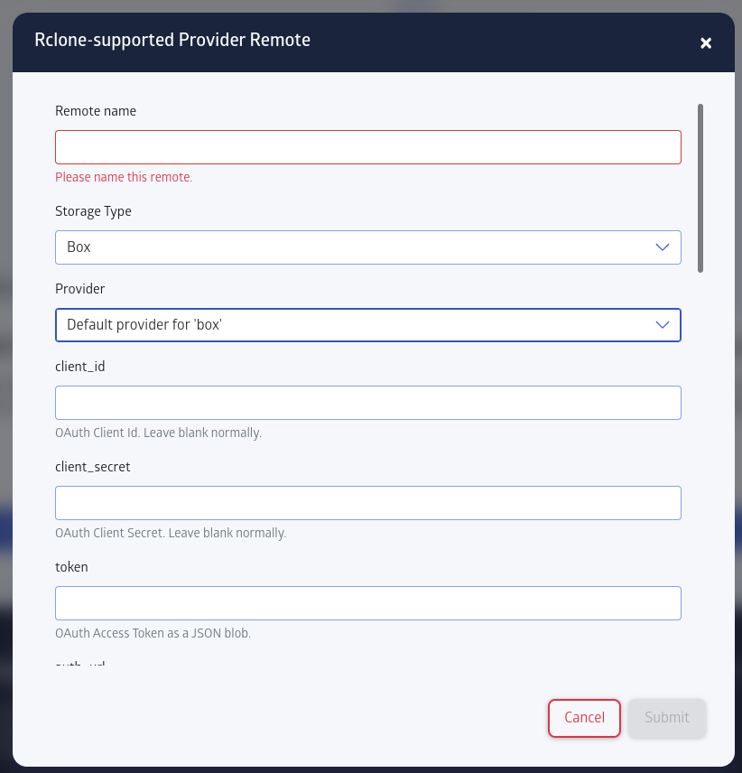 Modal to configure rclone-supported providers