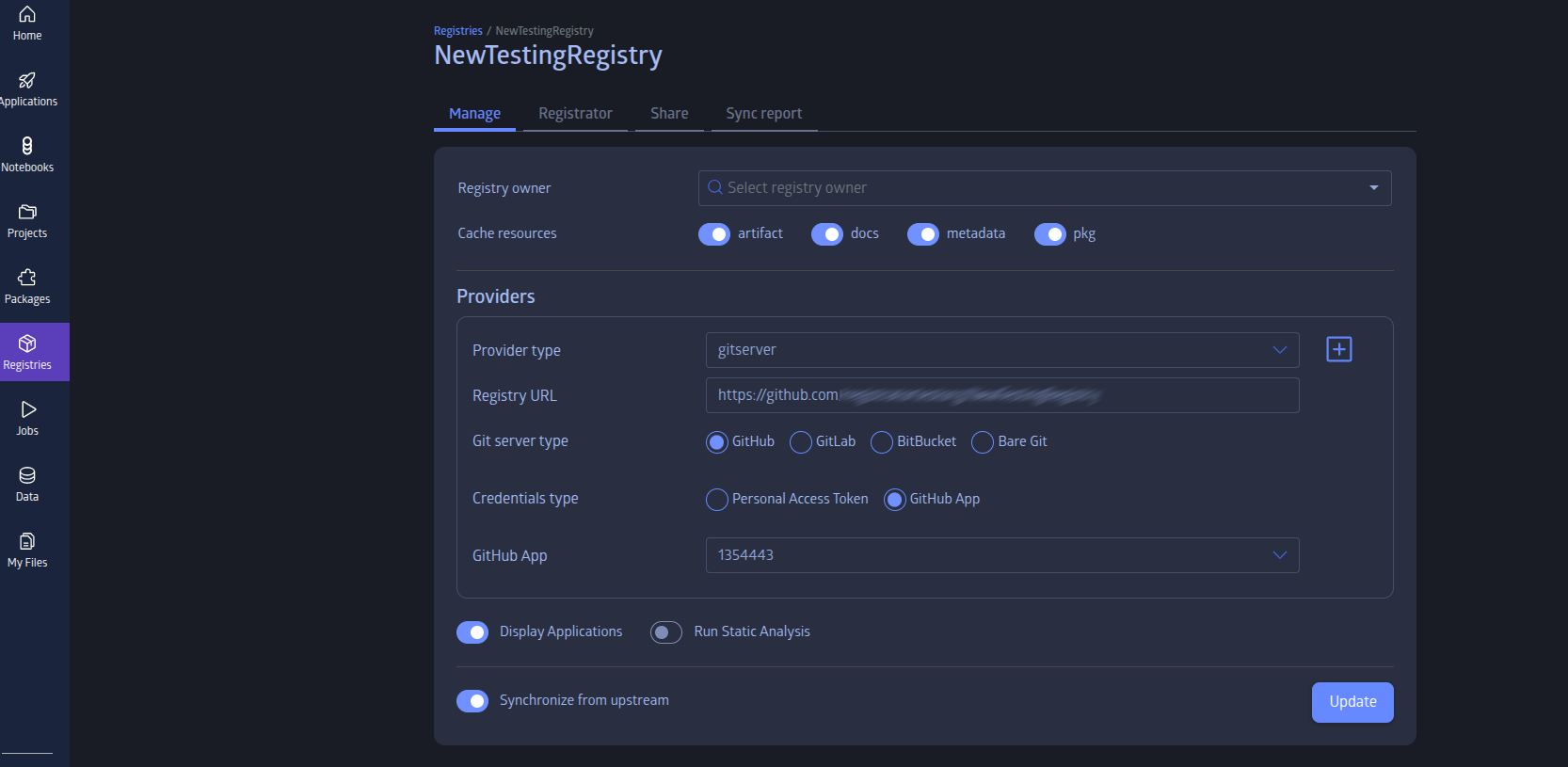 GitHub app registry settings