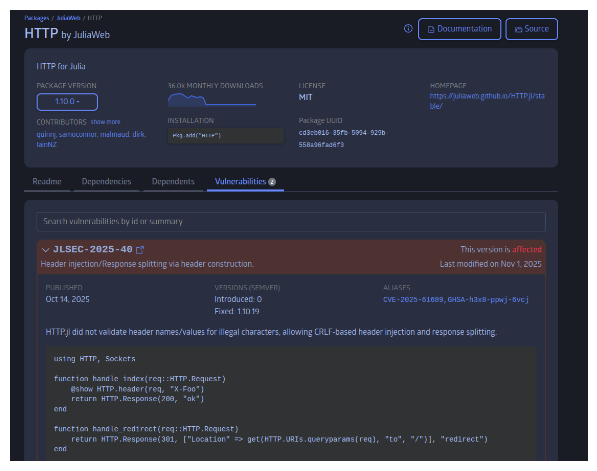 Detailed view of a vulnerability entry