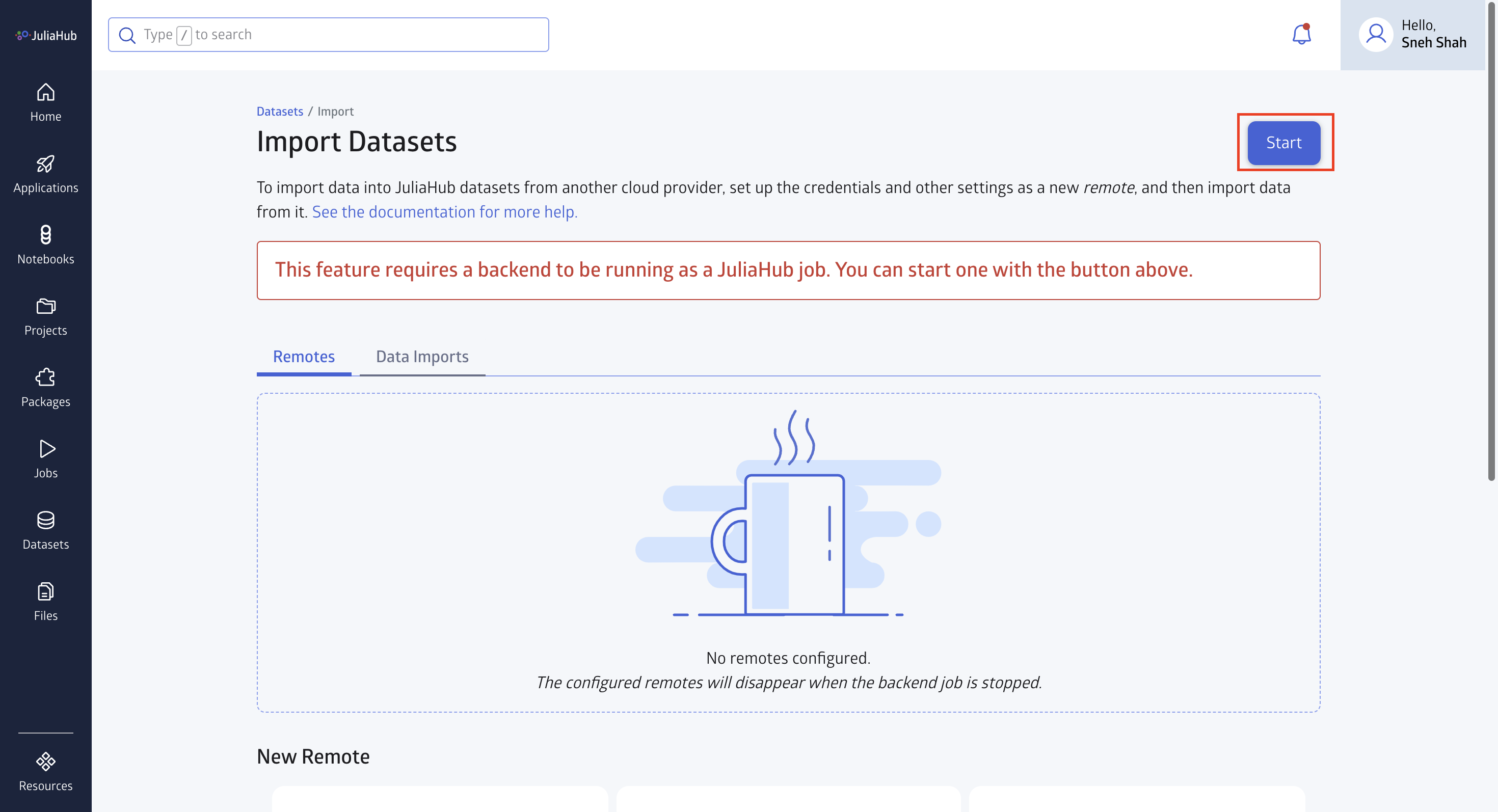 Backend Start button on the Dataset Imports page