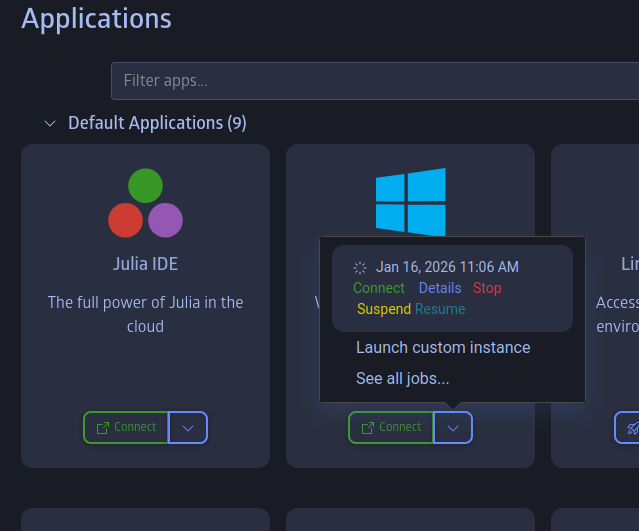 windows-workstation suspend in applications list